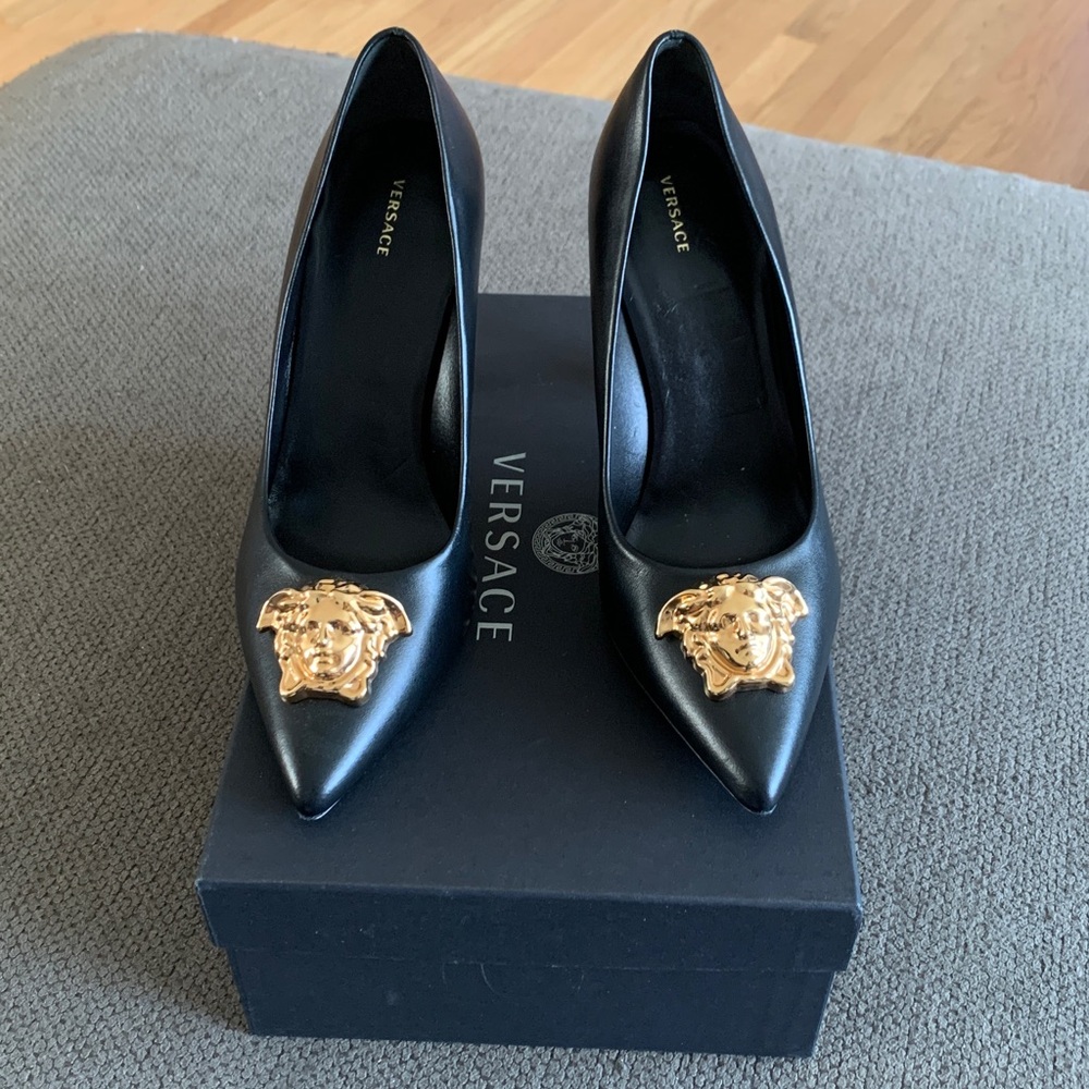 Versace Black Pumps with Gold Medusa Accent - Picture 1 of 6